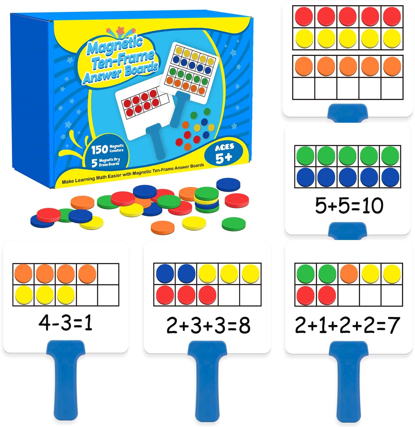 Quilinz Magnetic Ten Frame Set — 5 Dry Erase Paddles & 150 Counters for Early Math