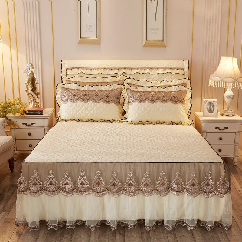 Quilted Luxury Lace Cotton Bed Skirt Suit