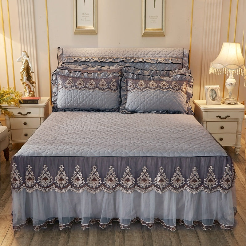 Quilted Luxury Lace Cotton Bed Skirt Suit