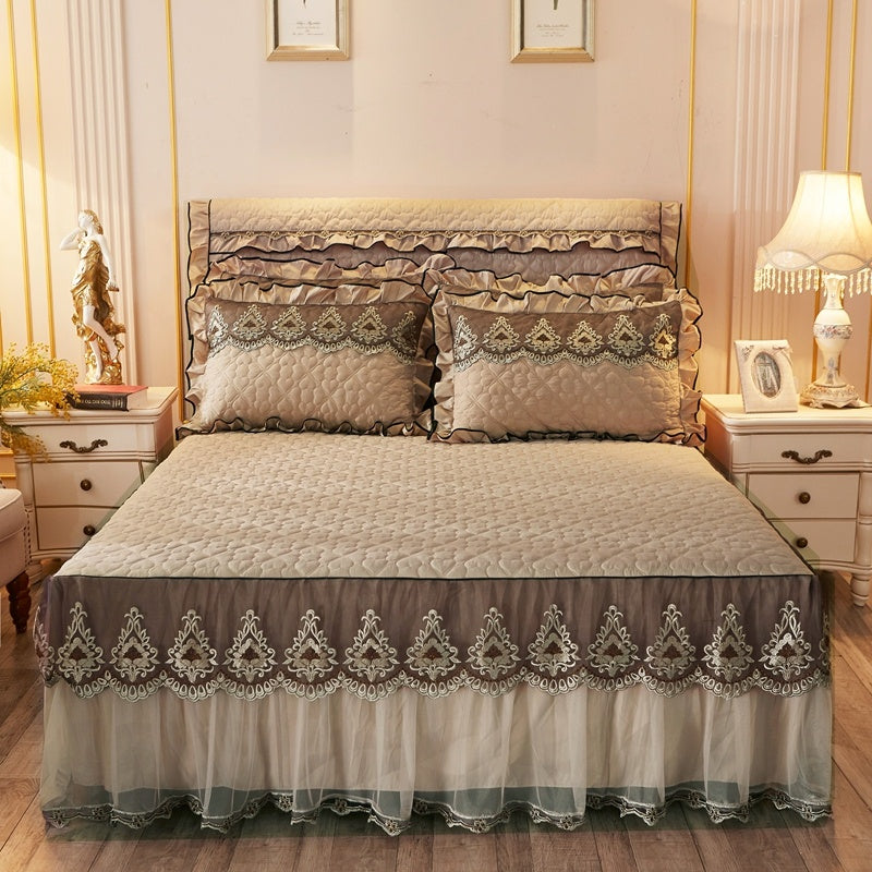Quilted Luxury Lace Cotton Bed Skirt Suit