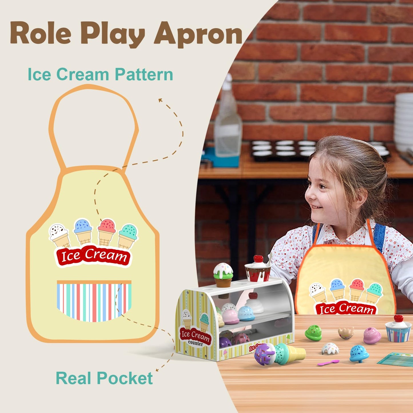 Quimsity Ice Cream Counter Play Set – Pretend Play Toys for Kids (Ages 2-5)