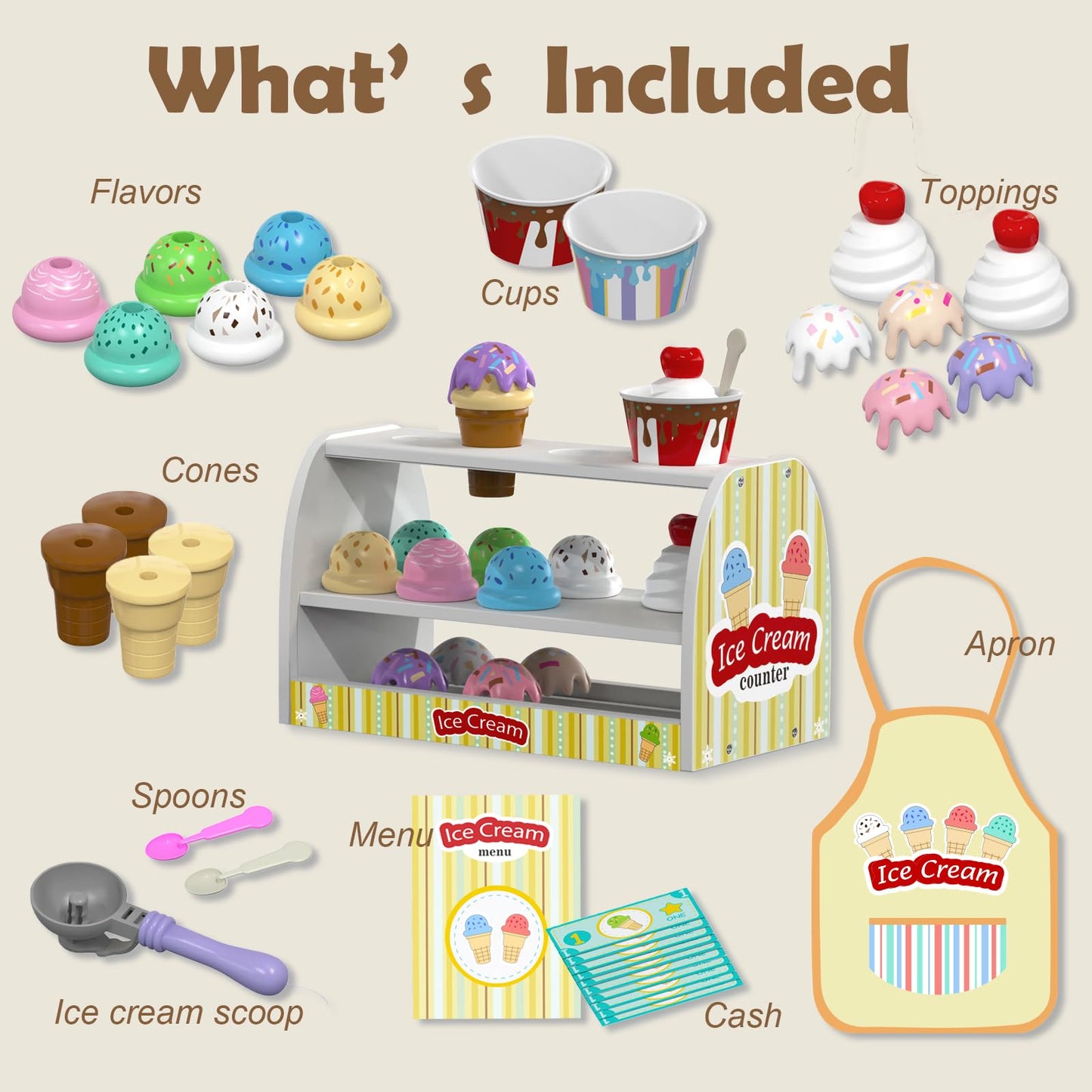 Quimsity Ice Cream Counter Play Set – Pretend Play Toys for Kids (Ages 2-5)
