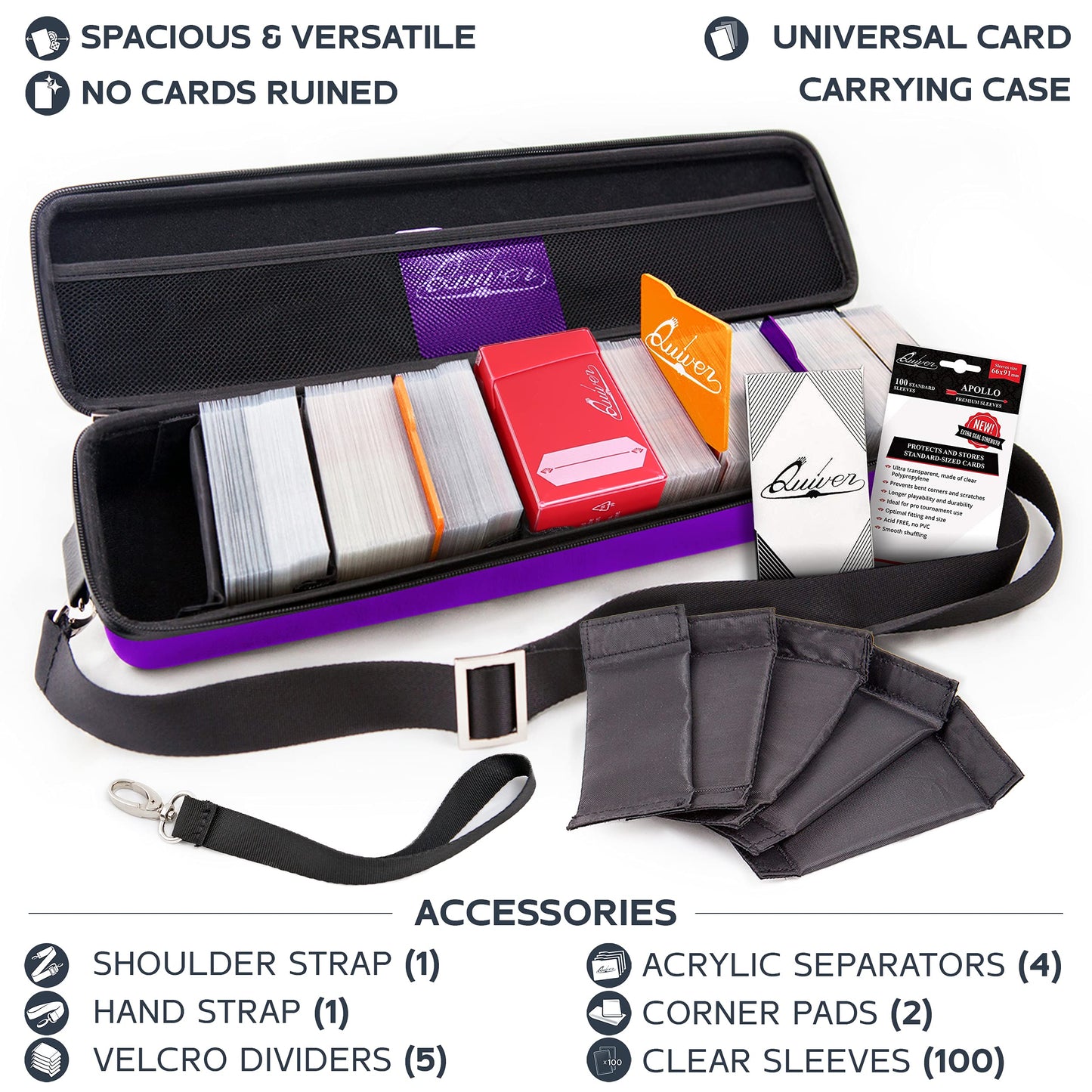 Quiver Time Purple Quiver Card Carrying Case – 1350+ Card Capacity, Straps, Dividers, Corner Pads, and 100 Apollo Sleeves