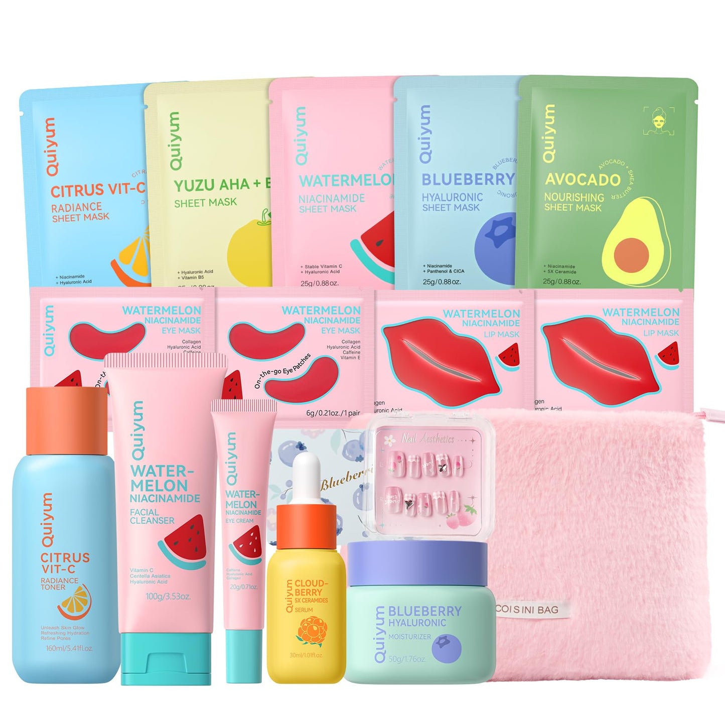 QUIYUM Fruit Skincare Set — Pink Plush Bag & Strawberry Nail Art | Hydrating Glow & Oil Control
