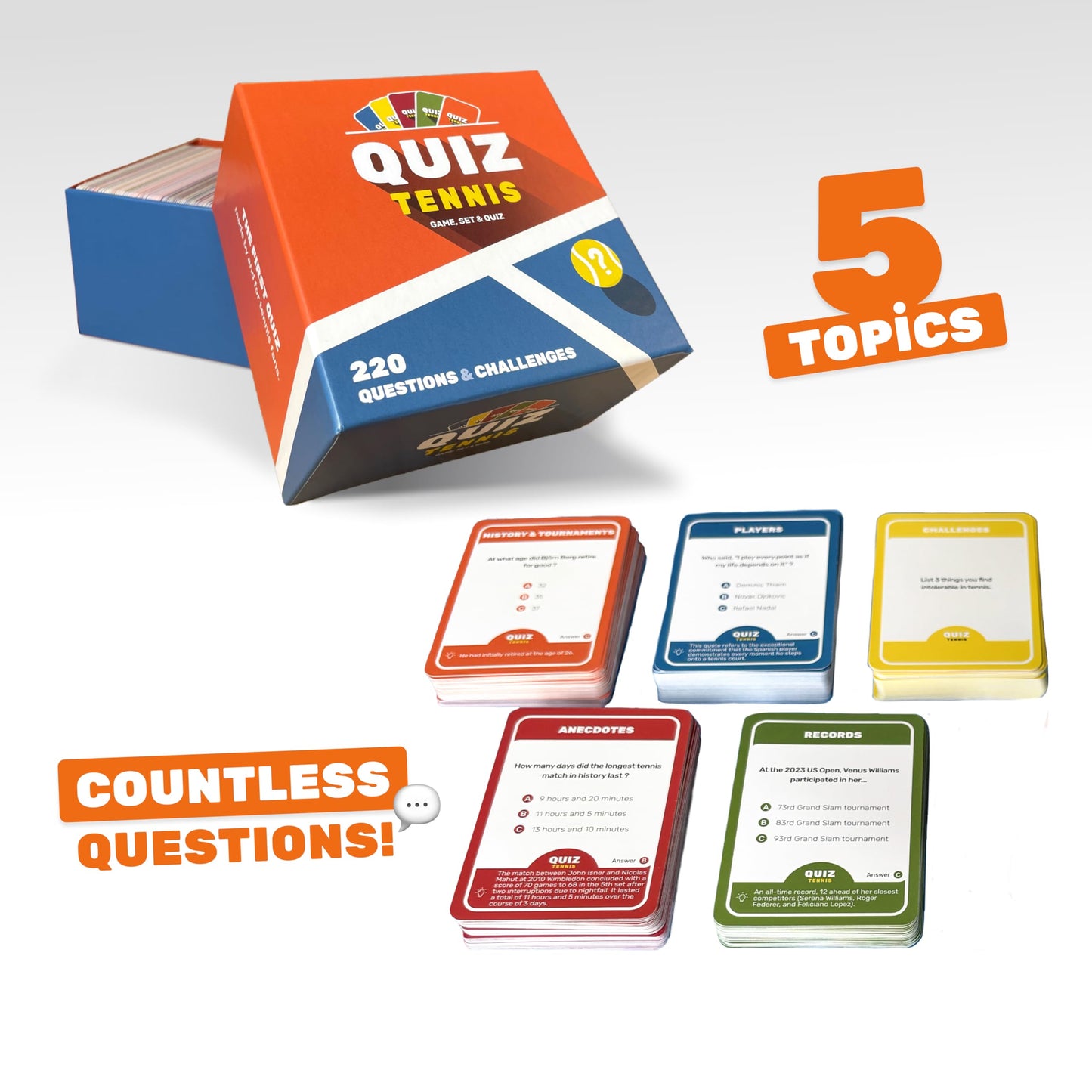 Quiz Tennis: Tennis Trivia Game with 220 Cards | Fun Gift for Fans, Players & Coaches