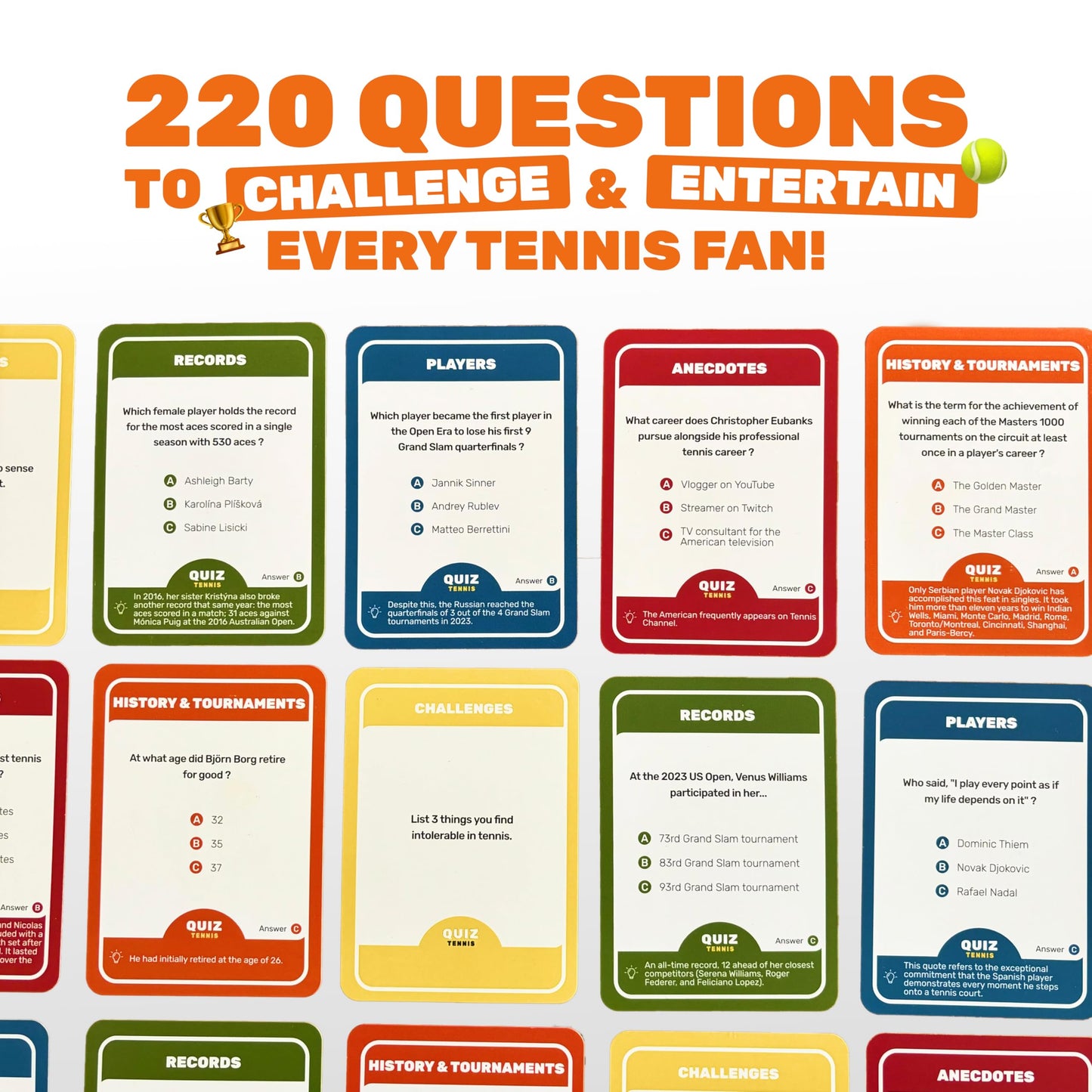 Quiz Tennis: Tennis Trivia Game with 220 Cards | Fun Gift for Fans, Players & Coaches