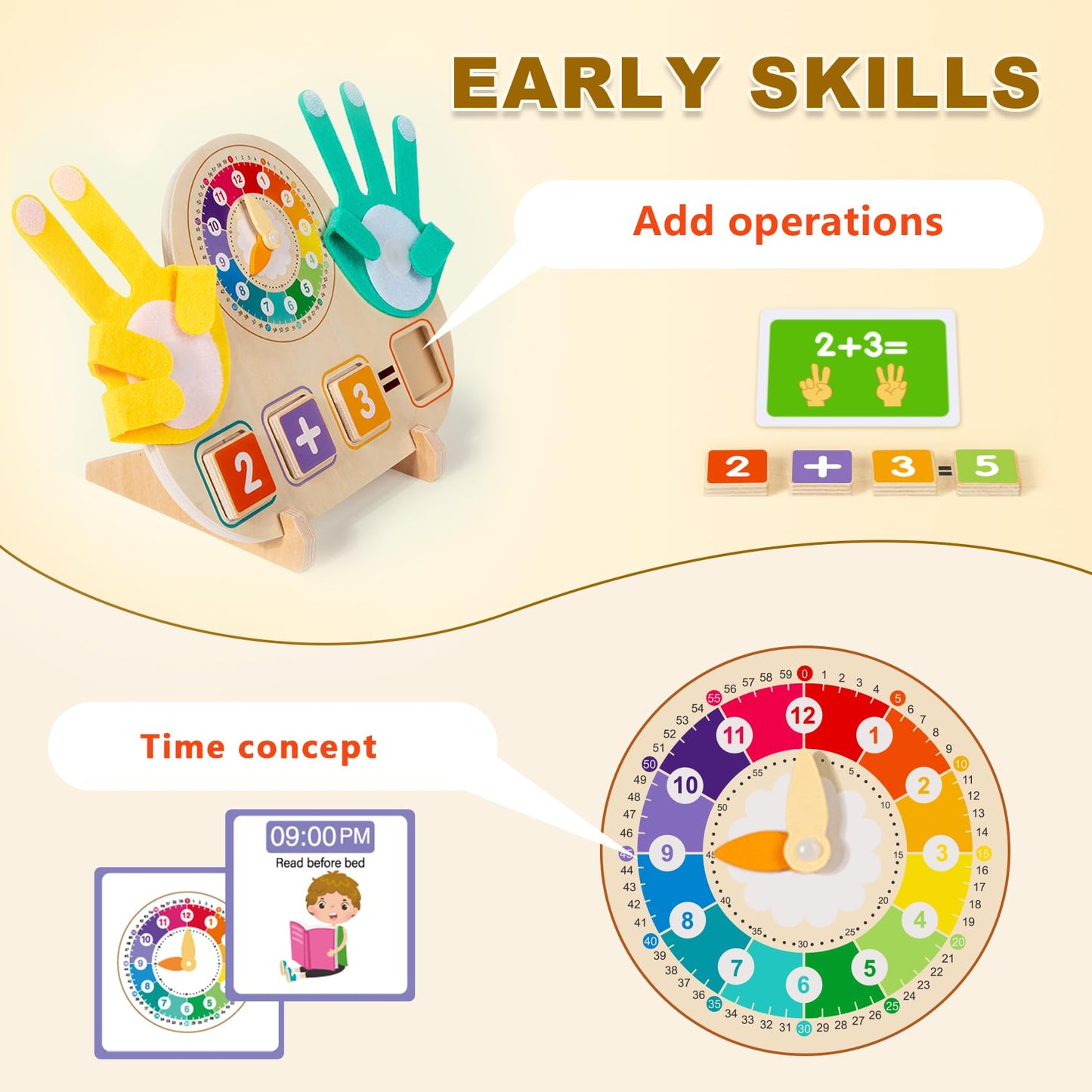 Quliwise Educational 2-in-1 Math Blocks & Teaching Clock for Kids (3-5) | Montessori-Style Toddler Learning Toys