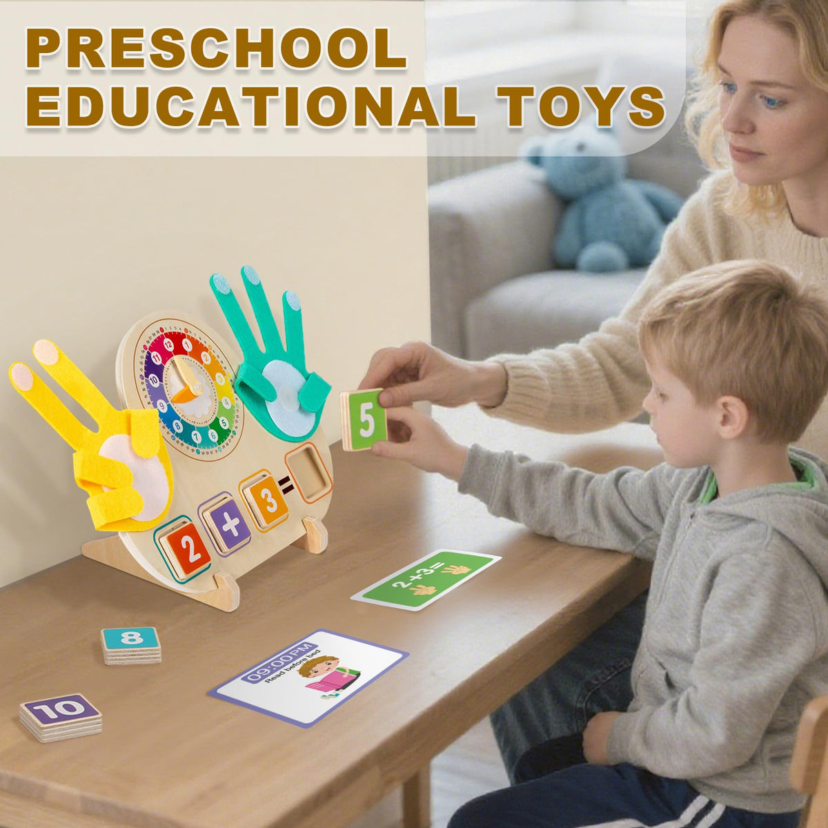 Quliwise Educational 2-in-1 Math Blocks & Teaching Clock for Kids (3-5) | Montessori-Style Toddler Learning Toys