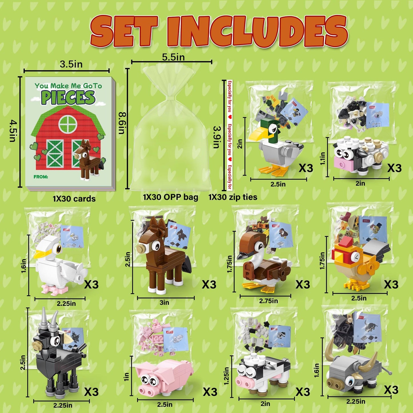 Qumic Building Blocks Valentines – 30 Farm Animal Blocks with Cards