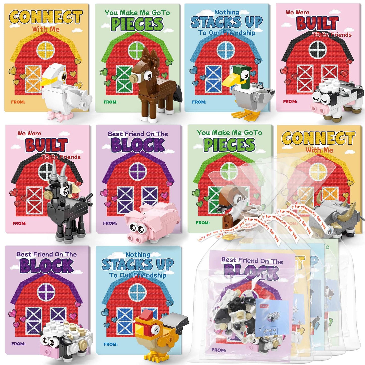 Qumic Building Blocks Valentines – 30 Farm Animal Blocks with Cards