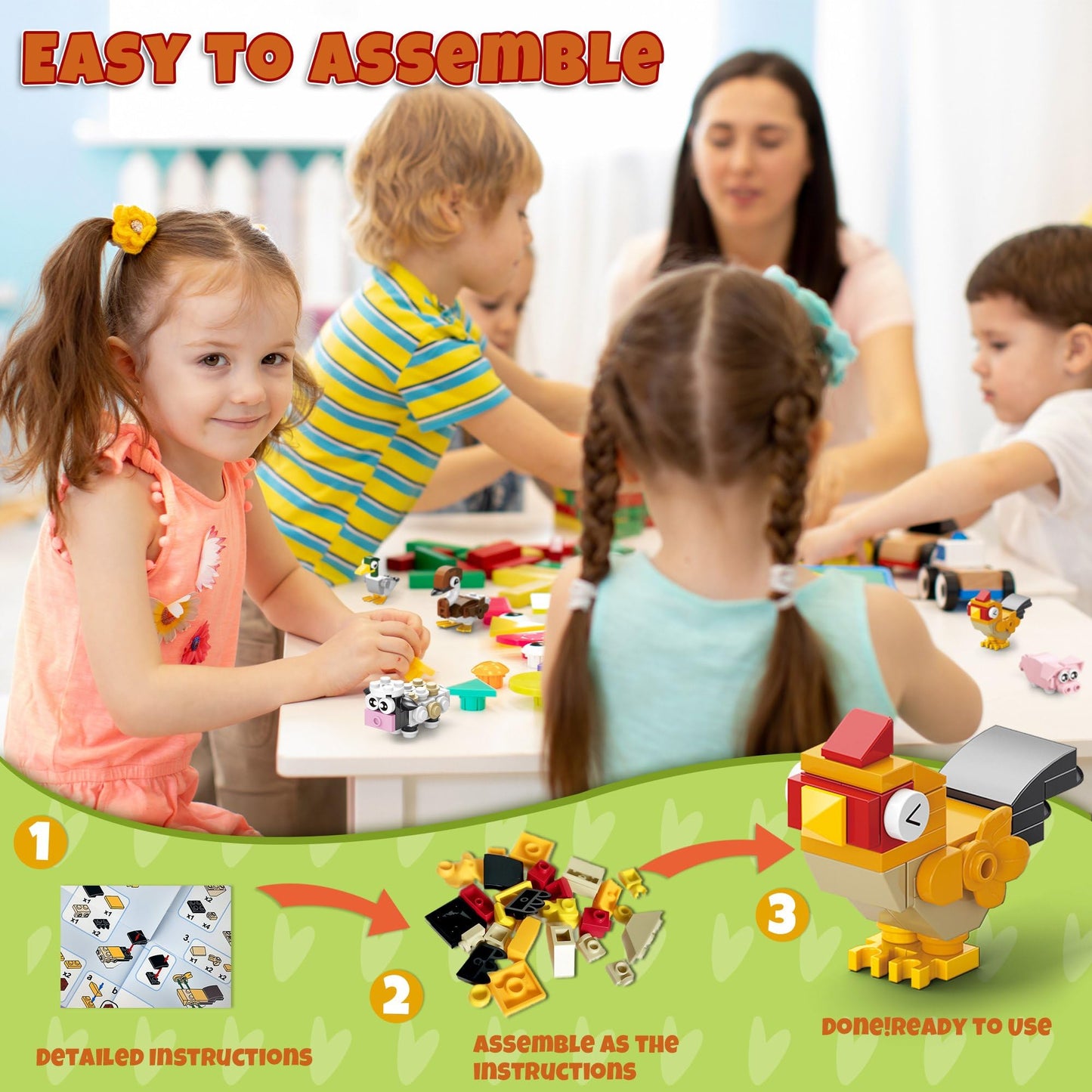 Qumic Building Blocks Valentines – 30 Farm Animal Blocks with Cards