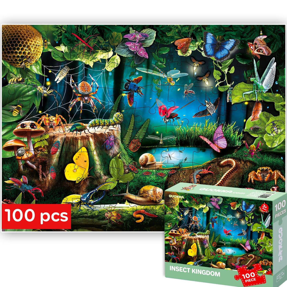 QUOKKA 100 Piece Puzzle for Kids 4-8 – Bugs & Forest Animals Floor Puzzle Set
