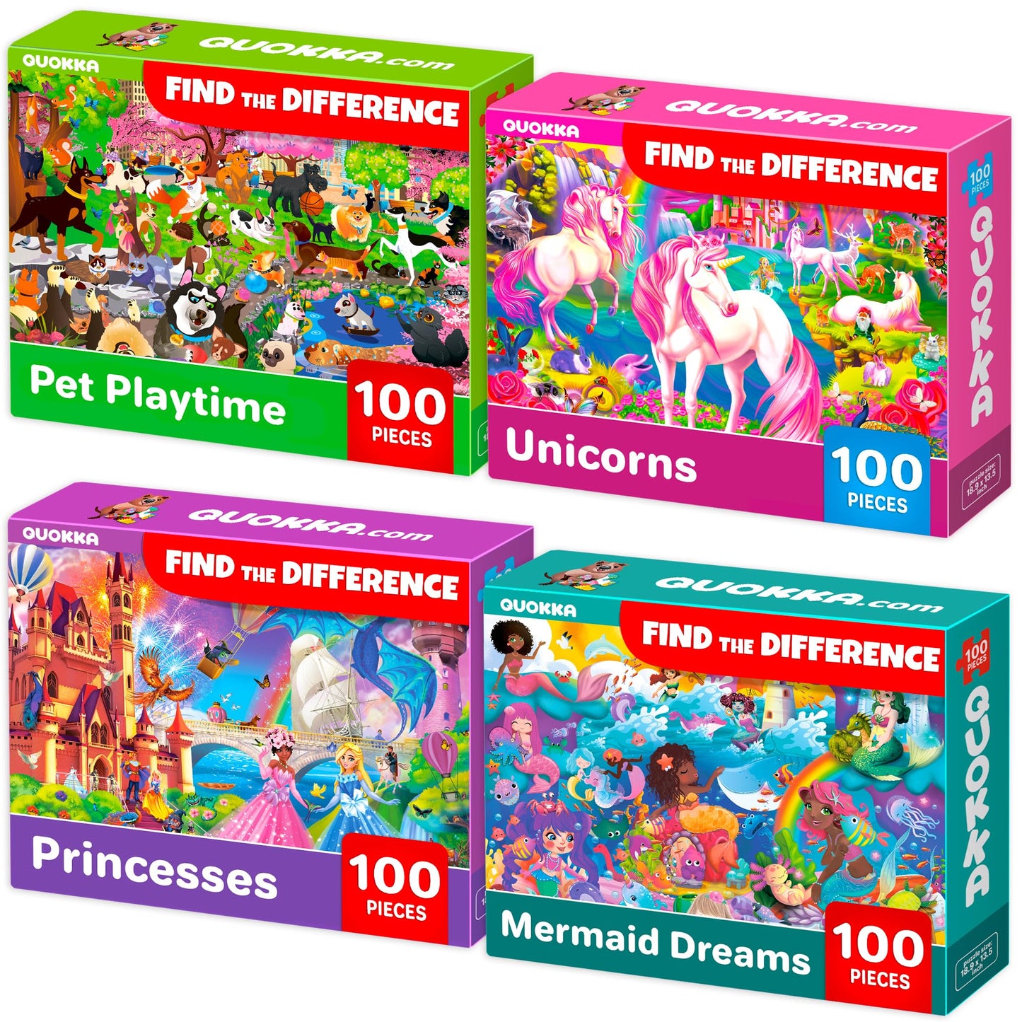 QUOKKA 100-Piece Puzzles – 4 Jigsaws for Kids 4–10 (Unicorn, Mermaid, Castle)