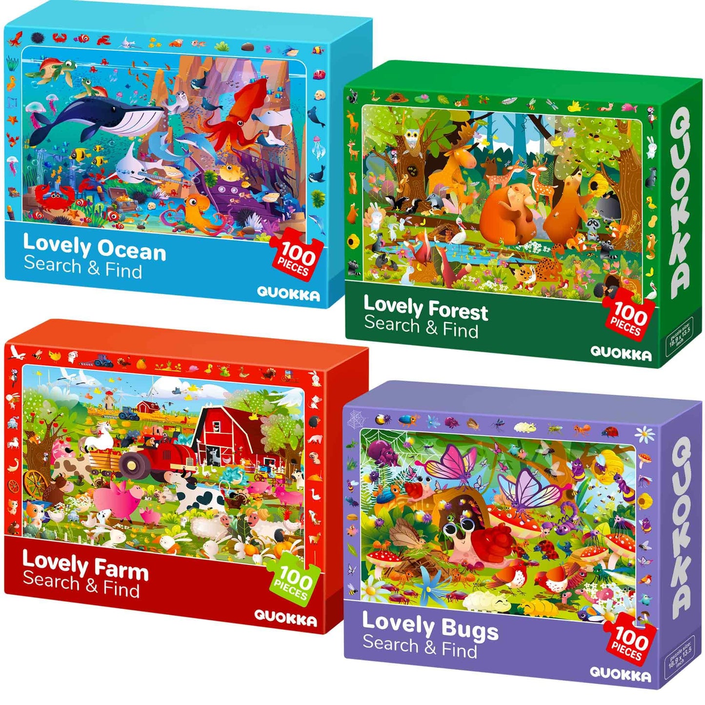 QUOKKA 100-Piece Puzzles for Kids 4-8 – 4-in-1 Set with Search & Find Animals & Bugs