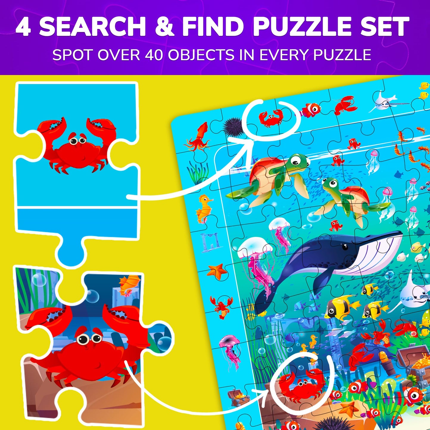 QUOKKA 100-Piece Puzzles for Kids 4-8 – 4-in-1 Set with Search & Find Animals & Bugs