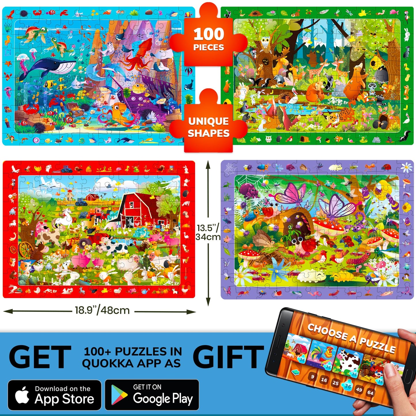 QUOKKA 100-Piece Puzzles for Kids 4-8 – 4-in-1 Set with Search & Find Animals & Bugs