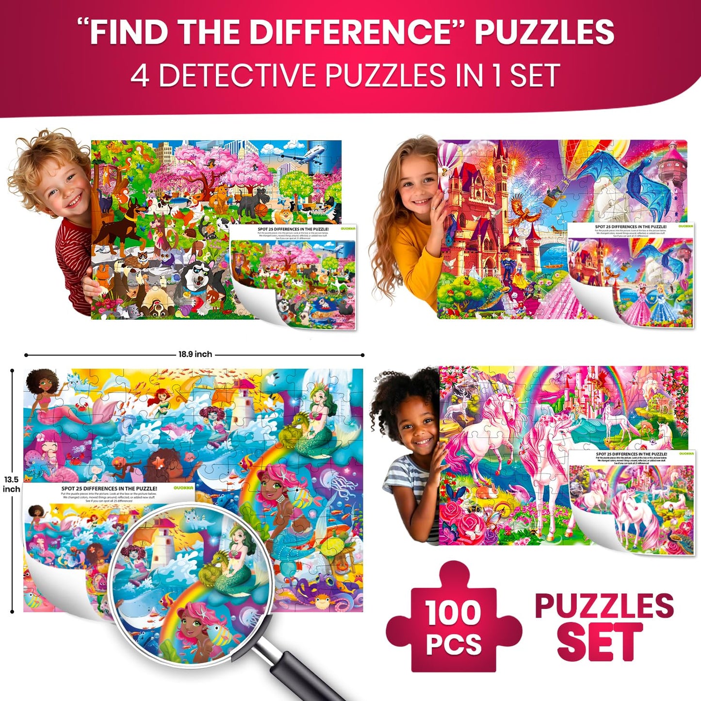 QUOKKA 100-Piece Puzzles – 4 Jigsaws for Kids 4–10 (Unicorn, Mermaid, Castle)