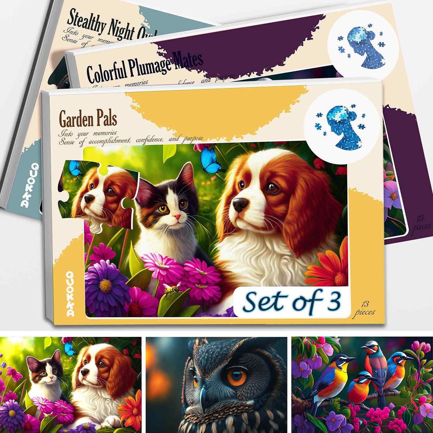 QUOKKA 13-Piece Dementia Puzzles for Adults — Large Piece Activities for Seniors (Cat, Dog & Birds)