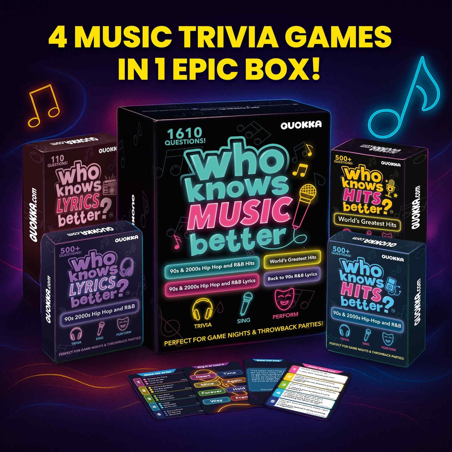 QUOKKA 1610 Music Trivia – 4 Pack Ultimate Music Game Box for 90s & 2000s Fans