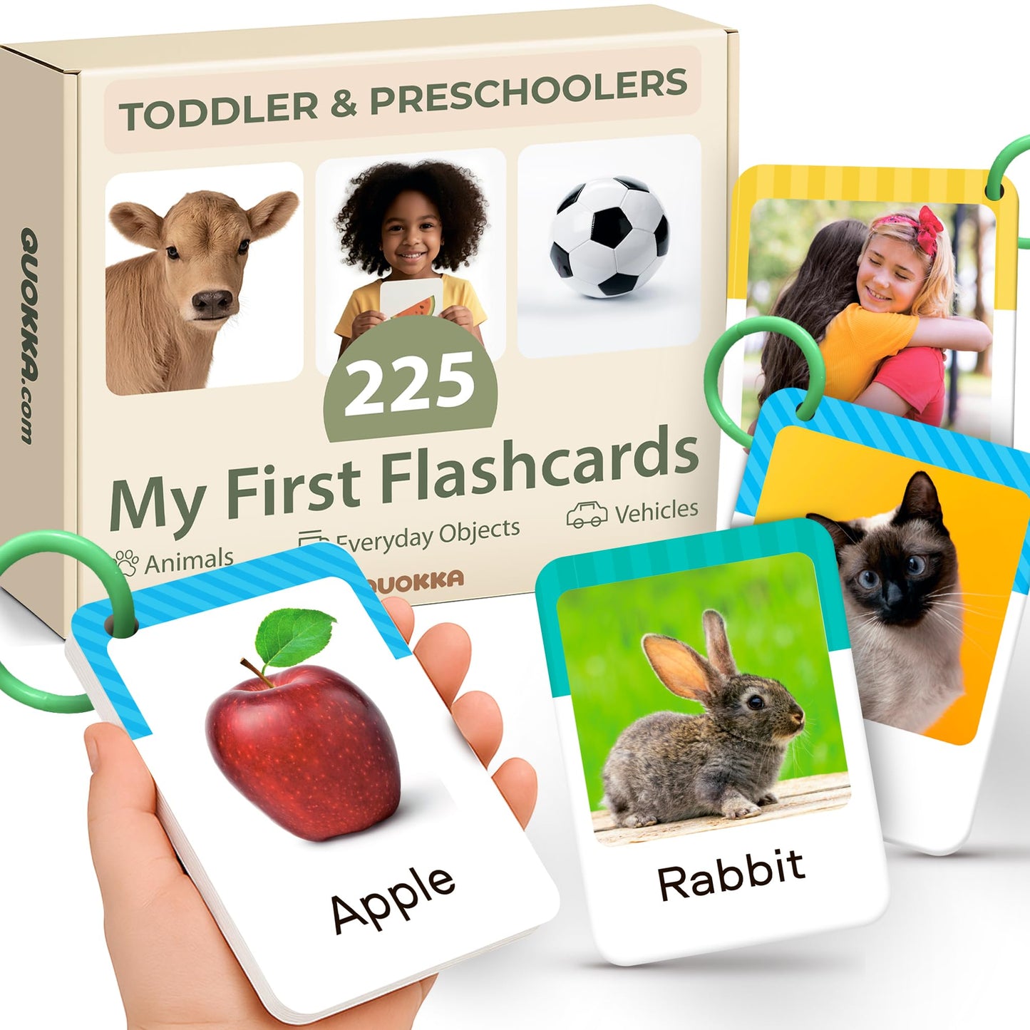 QUOKKA 225 Toddler Flash Cards with Rings – Real-Life Learning for Ages 1–3