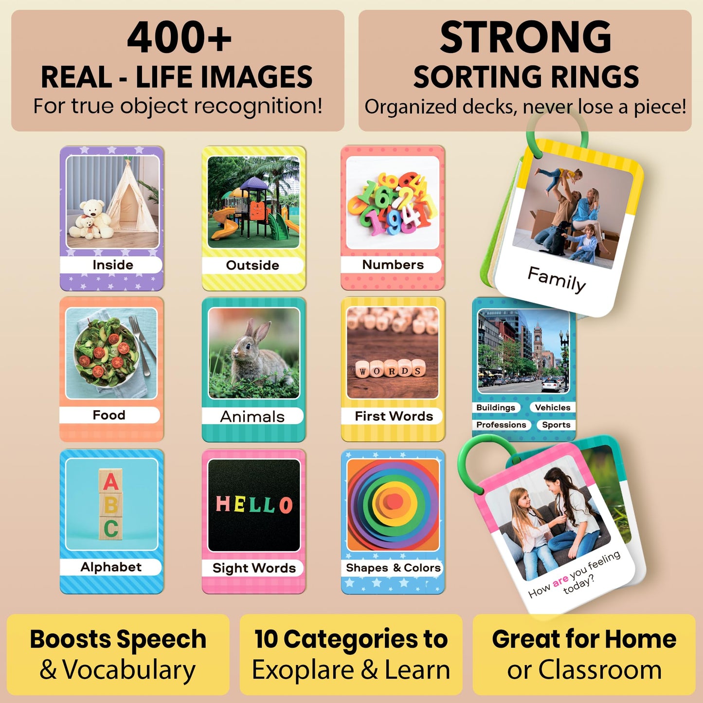 QUOKKA 225 Toddler Flash Cards with Rings – Real-Life Learning for Ages 1–3