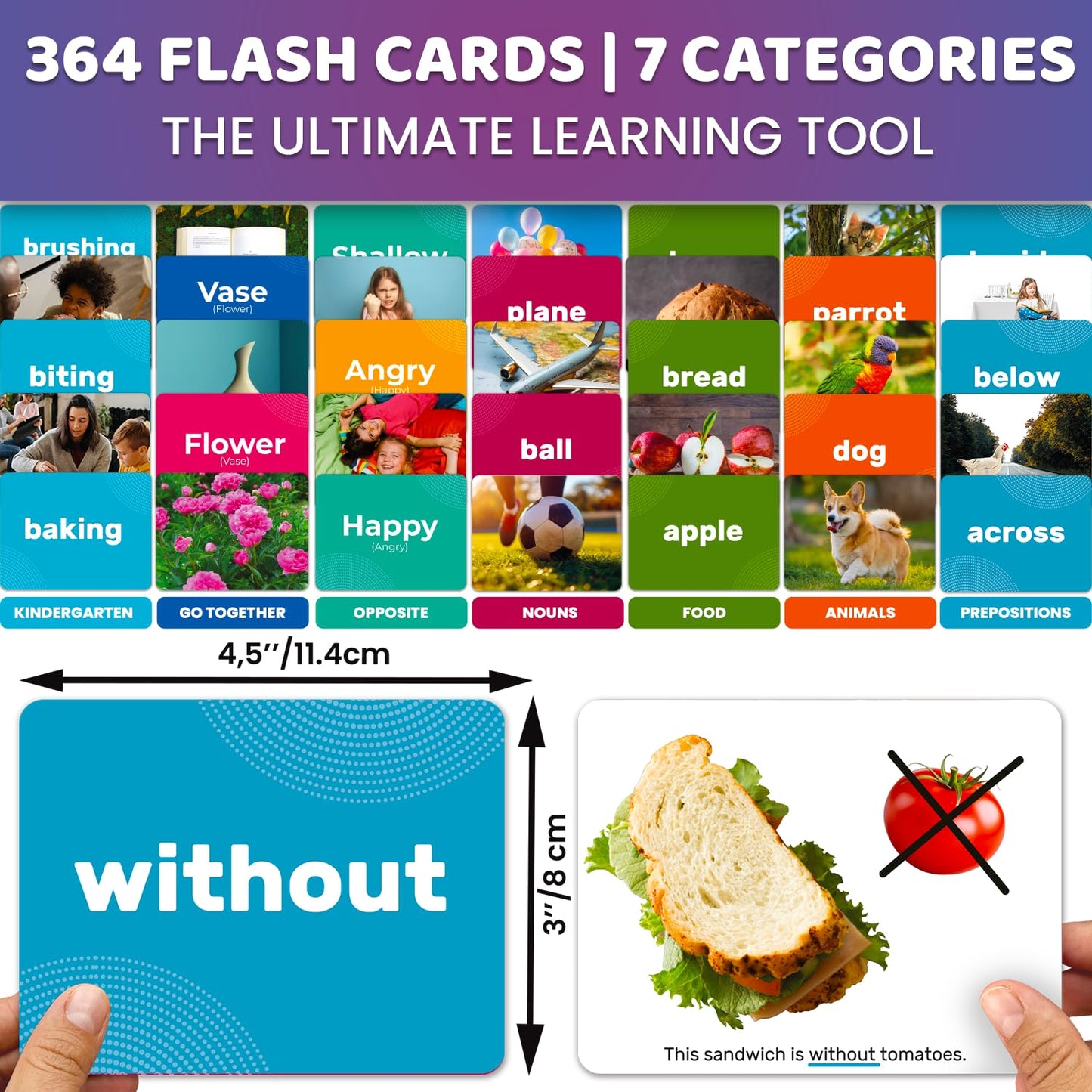 QUOKKA 364 Flash Cards for Kids and Adults — Real-Life Large Preschool Cards for Speech Therapy, ABA, ESL Teaching, Pre-K to 3rd Grade — 7 Categories with Prepositions