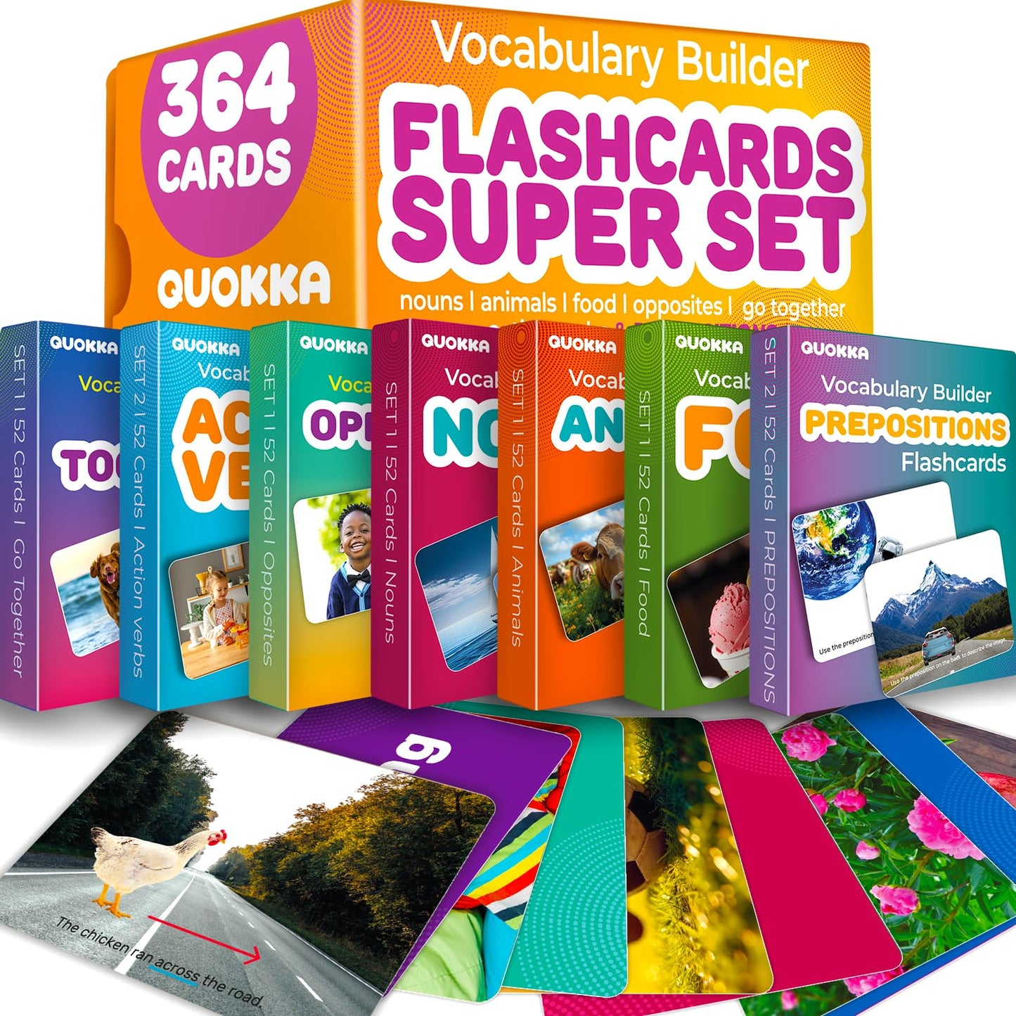 QUOKKA 364 Flash Cards for Kids and Adults — Real-Life Large Preschool Cards for Speech Therapy, ABA, ESL Teaching, Pre-K to 3rd Grade — 7 Categories with Prepositions