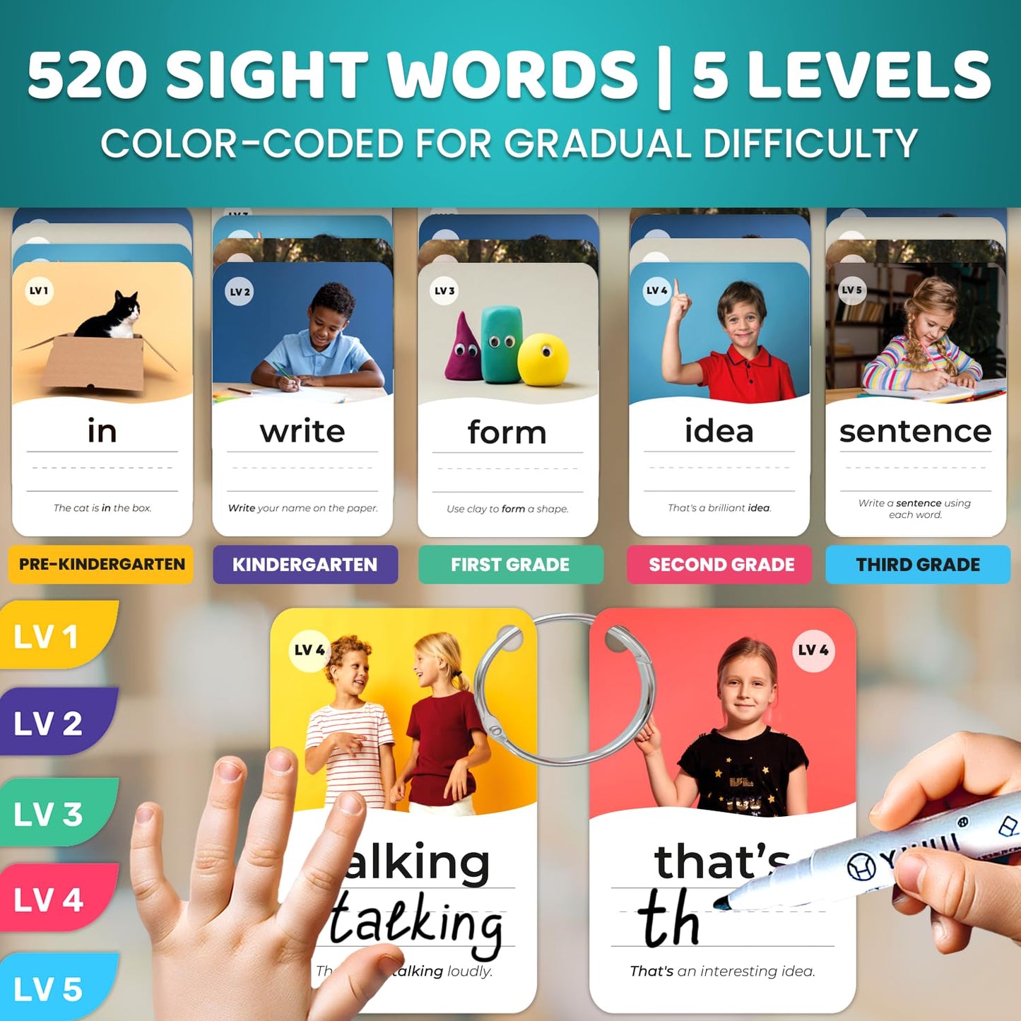 QUOKKA 520 Sight Words Flash Cards – Jumbo Dry Erase, 5 Levels, Bold Font | Dolch & Fry Lists