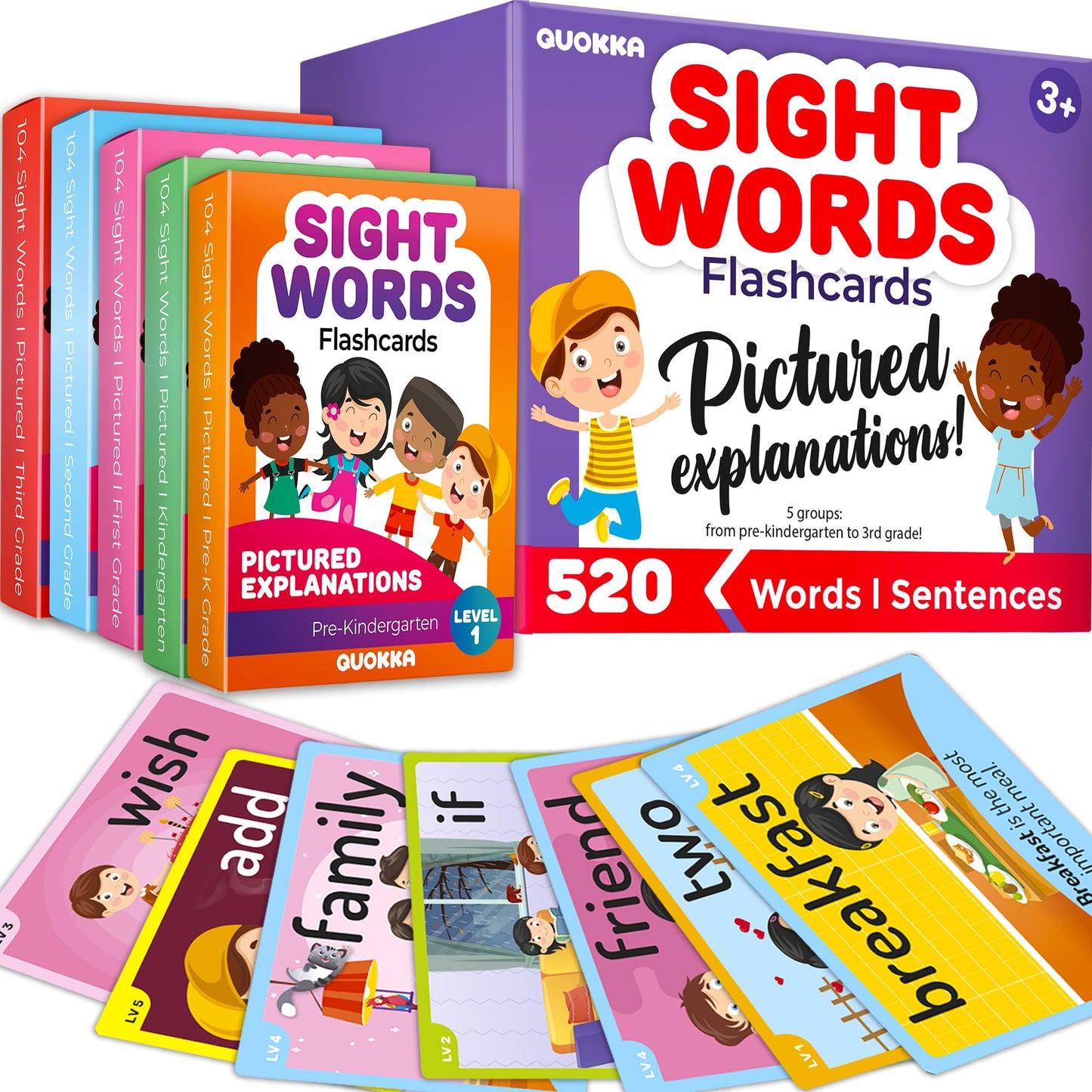 QUOKKA 520 Sight Words Flash Cards with Images & Sentences – Dolch & Fry Lists for Reading Fluency
