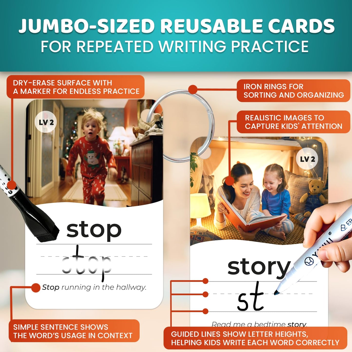 QUOKKA 520 Sight Words Flash Cards – Jumbo Dry Erase, 5 Levels, Bold Font | Dolch & Fry Lists