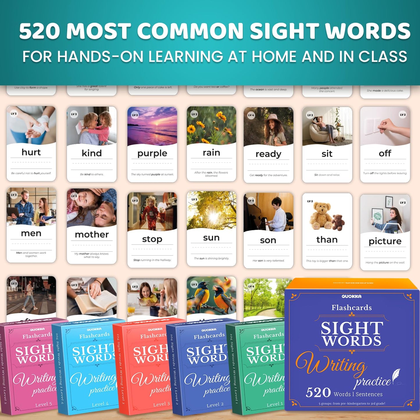 QUOKKA 520 Sight Words Flash Cards – Jumbo Dry Erase, 5 Levels, Bold Font | Dolch & Fry Lists
