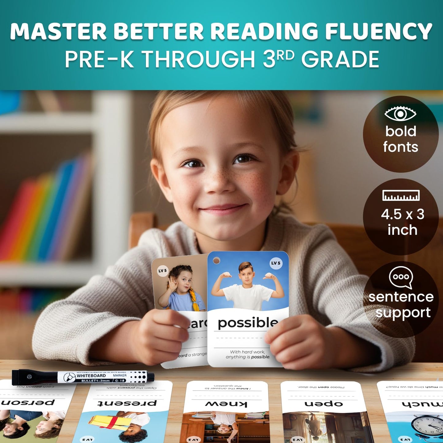 QUOKKA 520 Sight Words Flash Cards – Jumbo Dry Erase, 5 Levels, Bold Font | Dolch & Fry Lists
