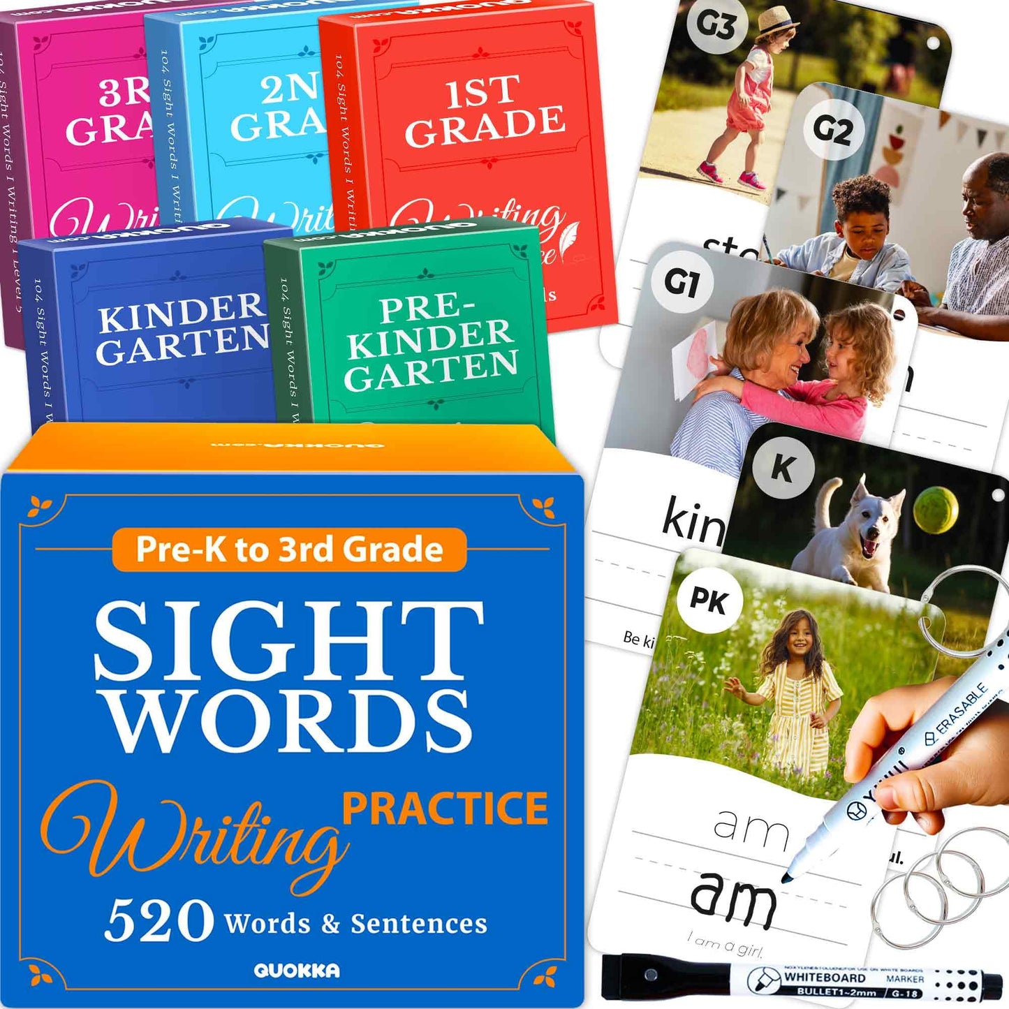 QUOKKA 520 Sight Words Flash Cards – Jumbo Dry Erase, 5 Levels, Bold Font | Dolch & Fry Lists