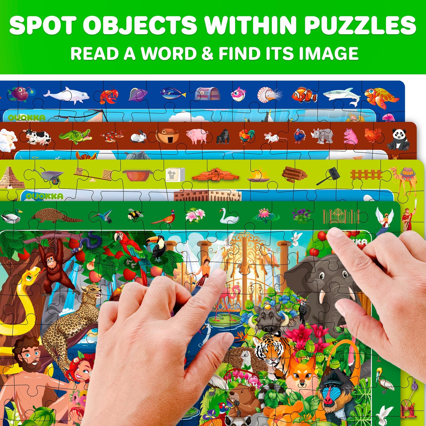 QUOKKA 60-Piece Bible Jigsaw Puzzles for Kids – Set of 4 (Ages 4-8) Tower of Babel, Noah’s Ark, Eden
