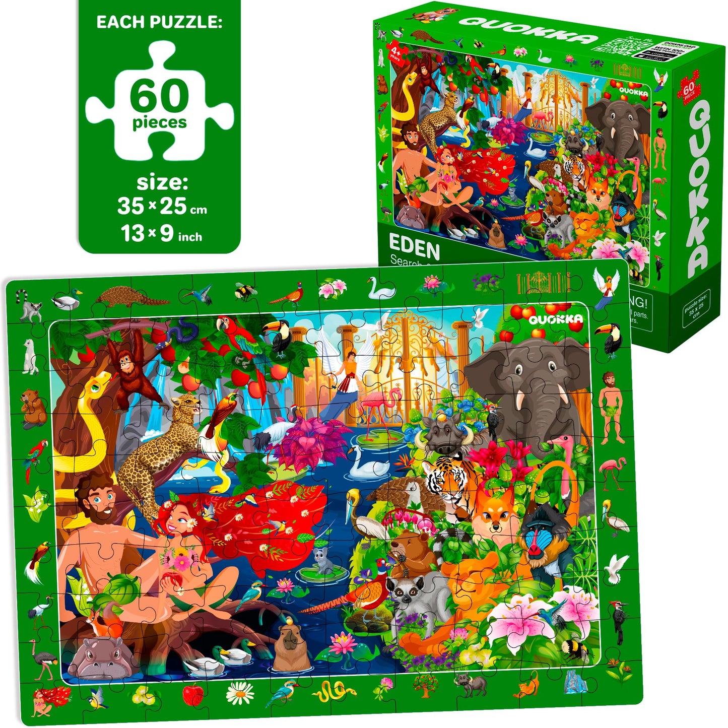 QUOKKA 60-Piece Bible Jigsaw Puzzles for Kids – Set of 4 (Ages 4-8) Tower of Babel, Noah’s Ark, Eden