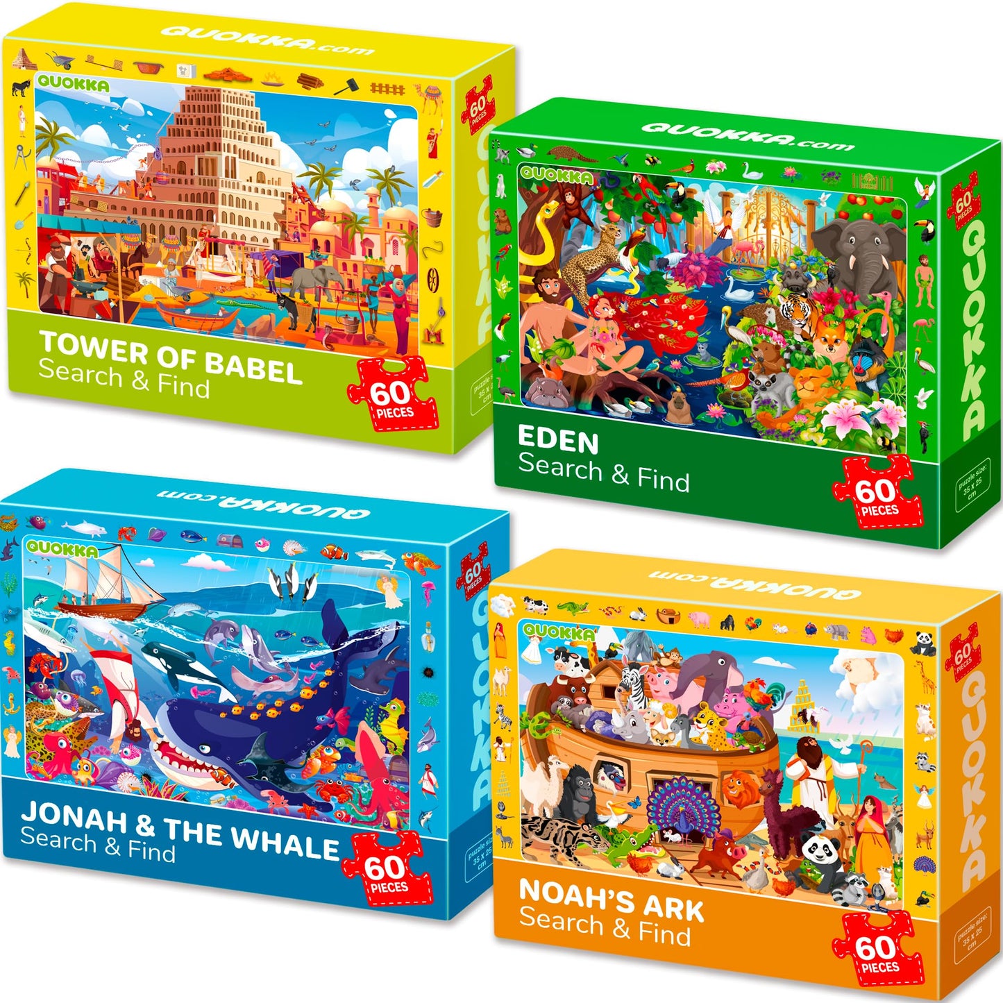 QUOKKA 60-Piece Bible Jigsaw Puzzles for Kids – Set of 4 (Ages 4-8) Tower of Babel, Noah’s Ark, Eden