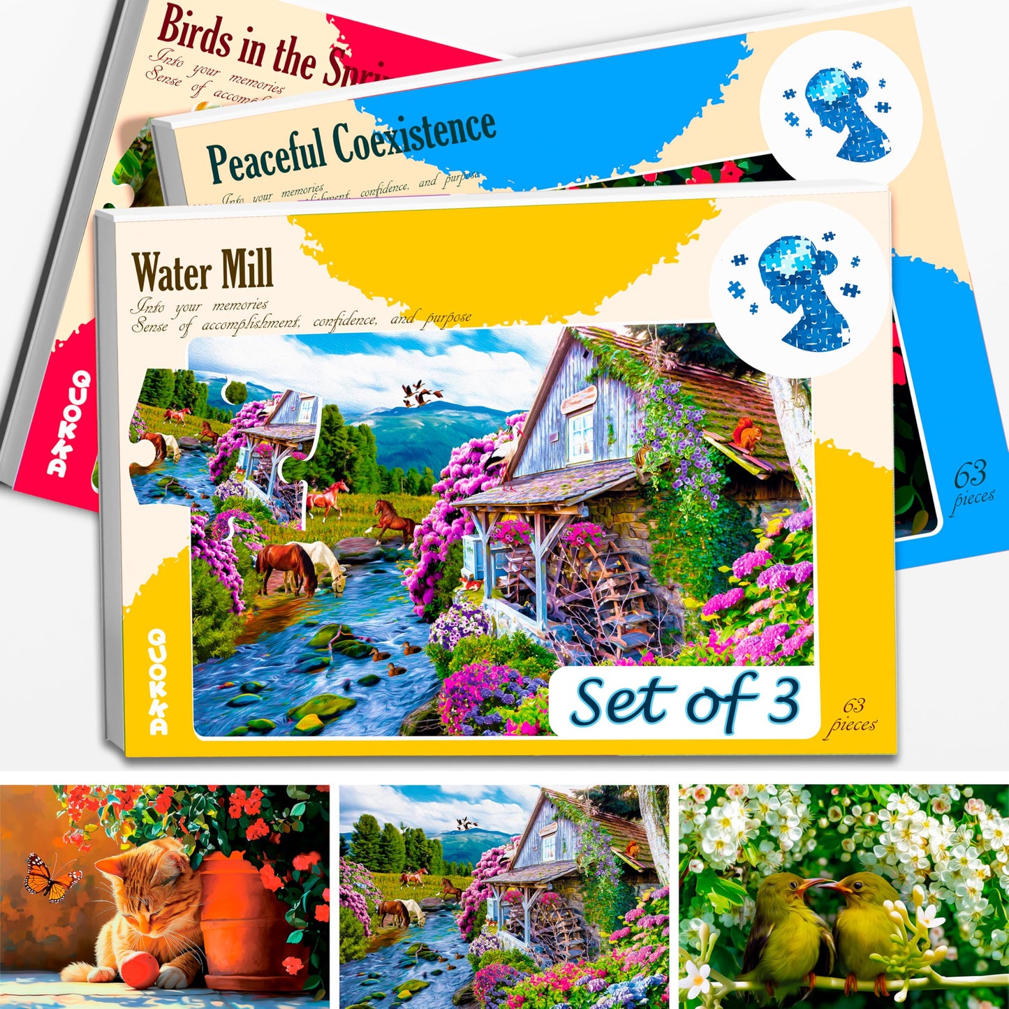 QUOKKA 63-Piece Dementia Puzzles for Adults – 3-Set Large-Piece Jigsaws for Seniors (Cats & Birds)