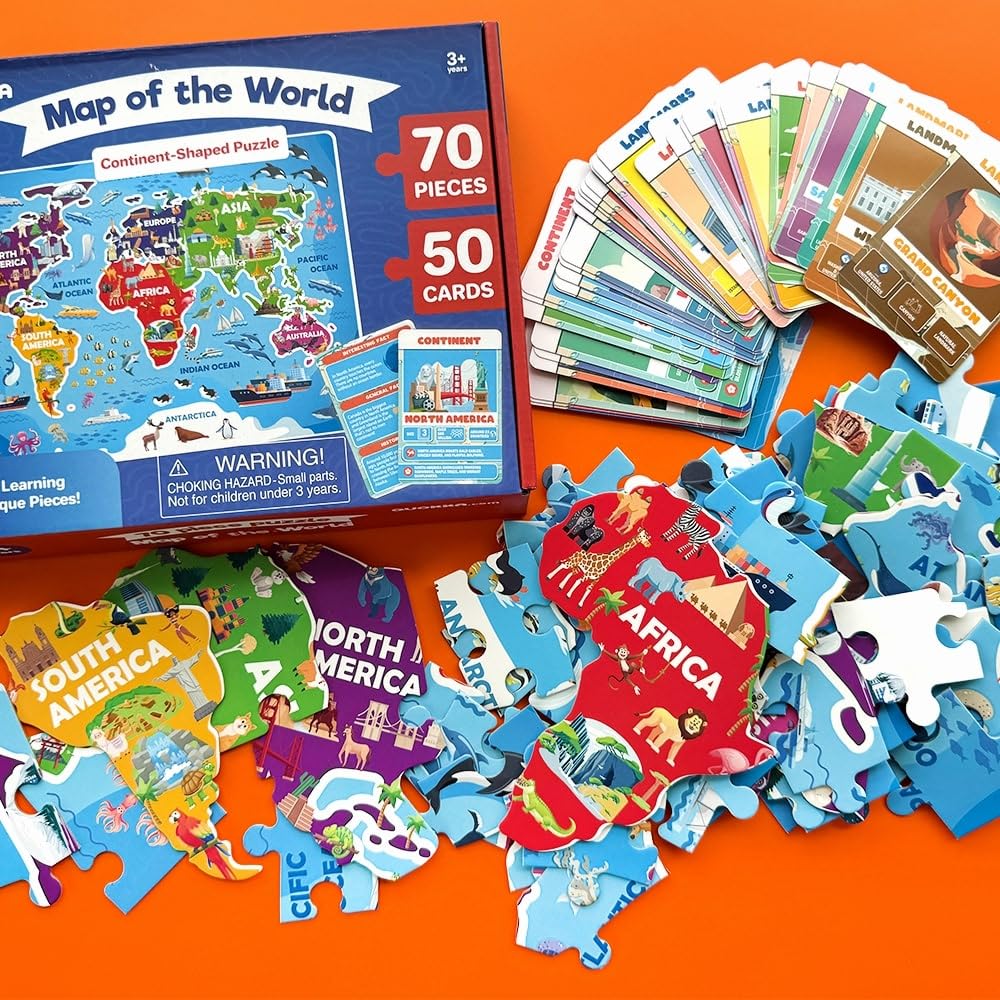 QUOKKA World Map Floor Puzzle for Kids 4-6 — 70 Pieces + 50 World Facts Cards — Continent-Shaped Gift