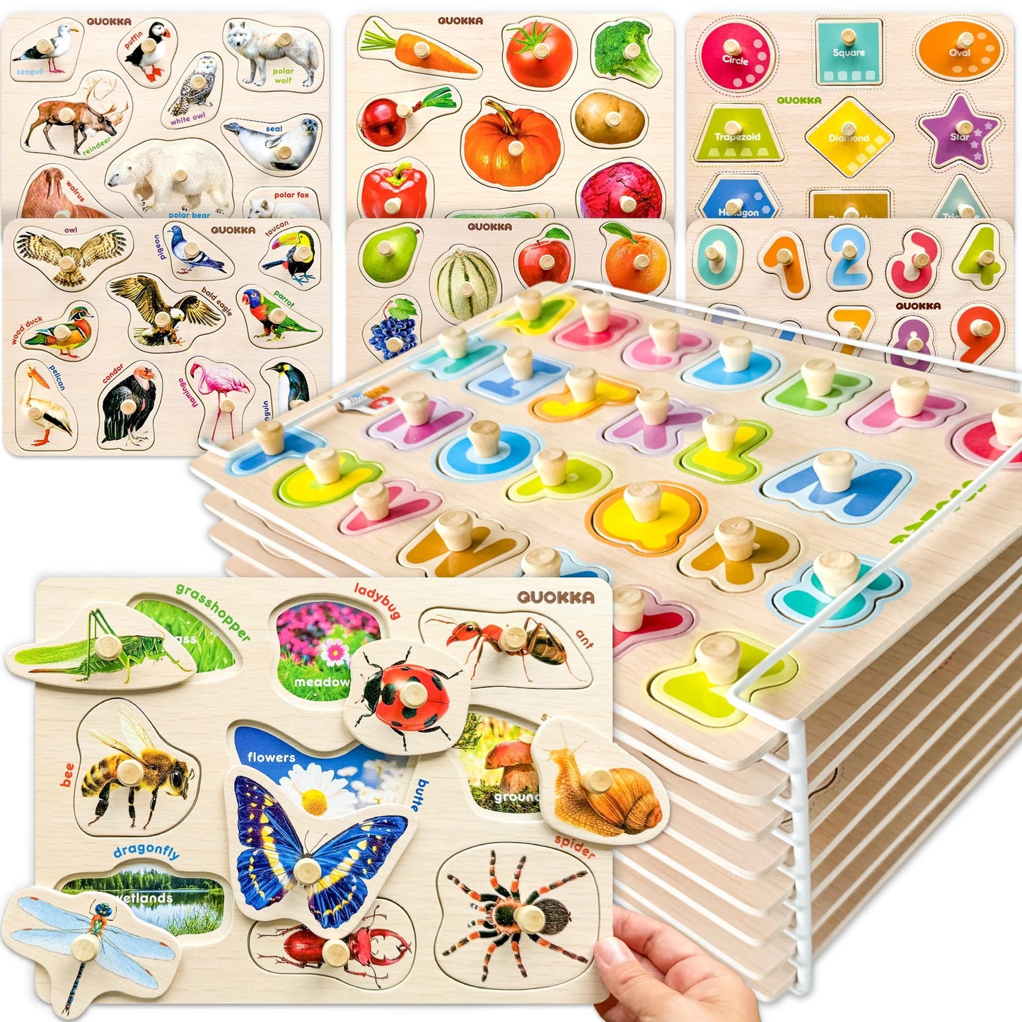 QUOKKA 8 Wooden Puzzles for Toddlers – Montessori Alphabet, Numbers & Animals