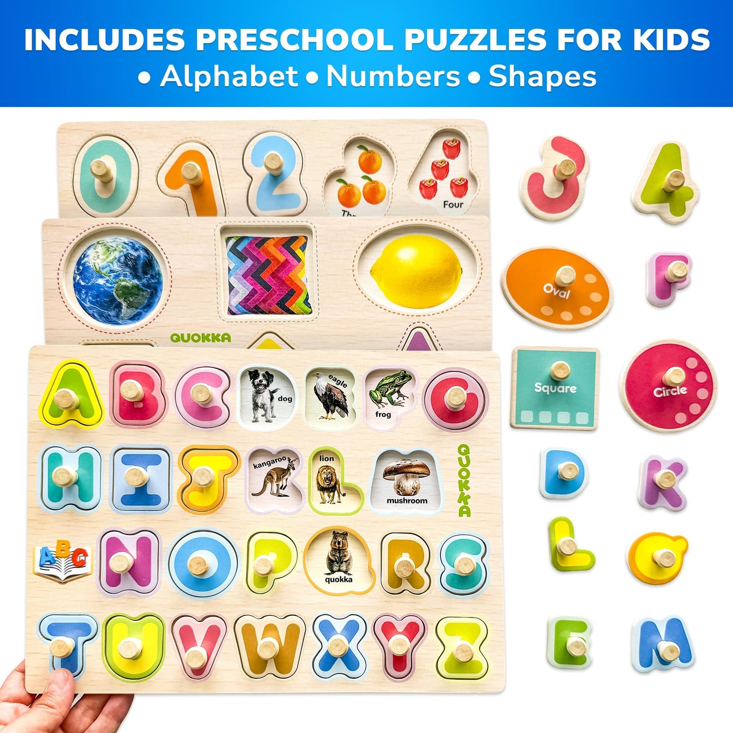 QUOKKA 8 Wooden Puzzles for Toddlers – Montessori Alphabet, Numbers & Animals