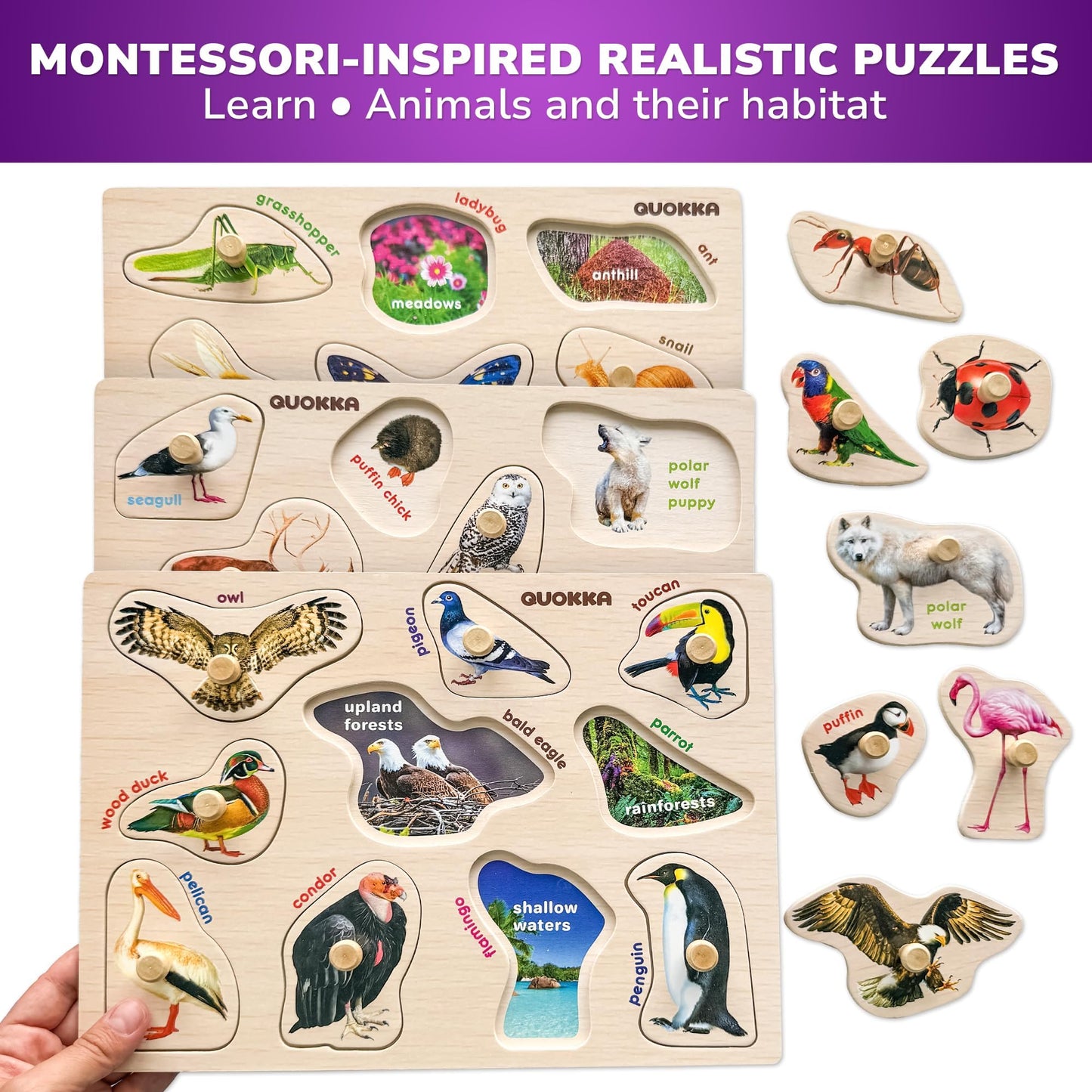 QUOKKA 8 Wooden Puzzles for Toddlers – Montessori Alphabet, Numbers & Animals