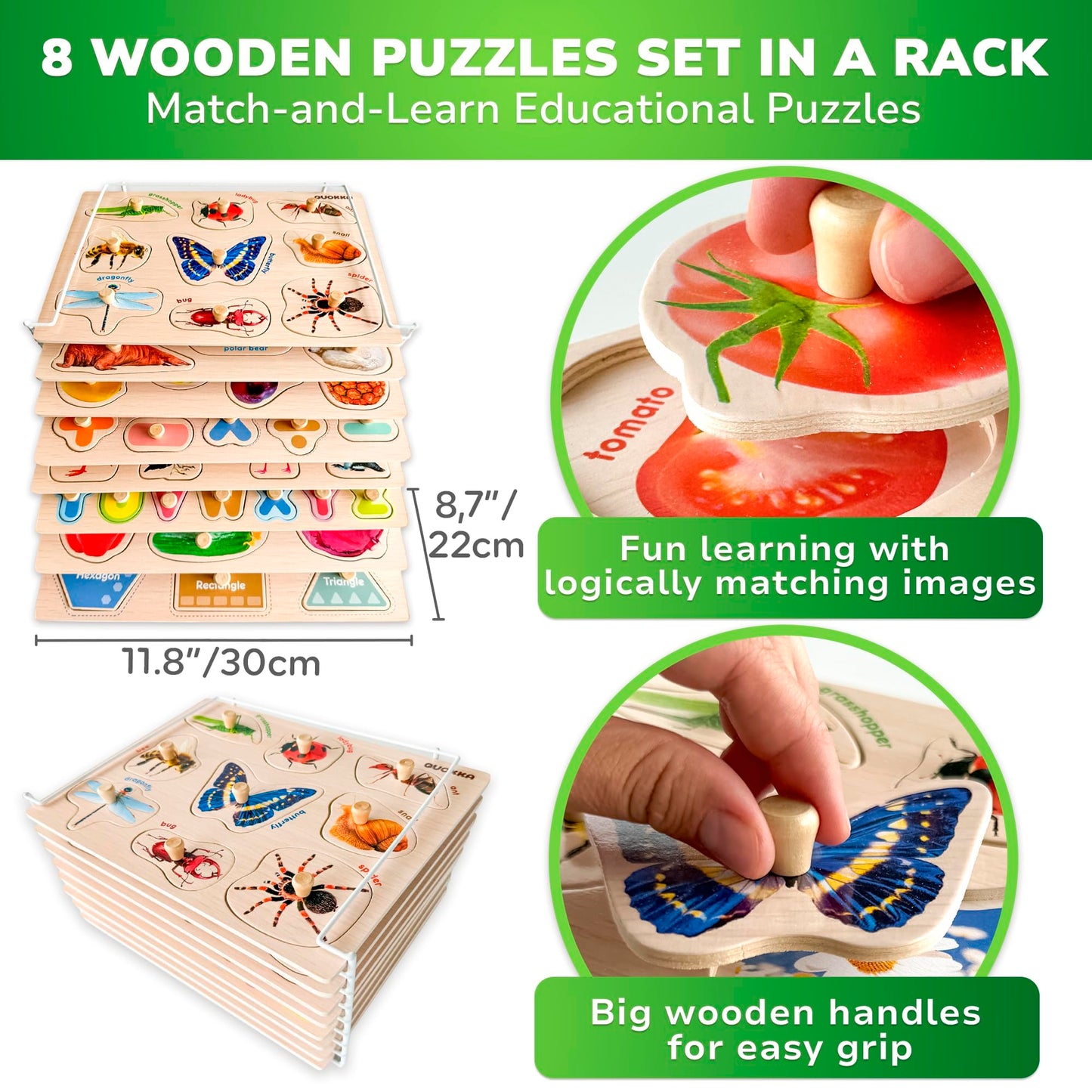 QUOKKA 8 Wooden Puzzles for Toddlers – Montessori Alphabet, Numbers & Animals