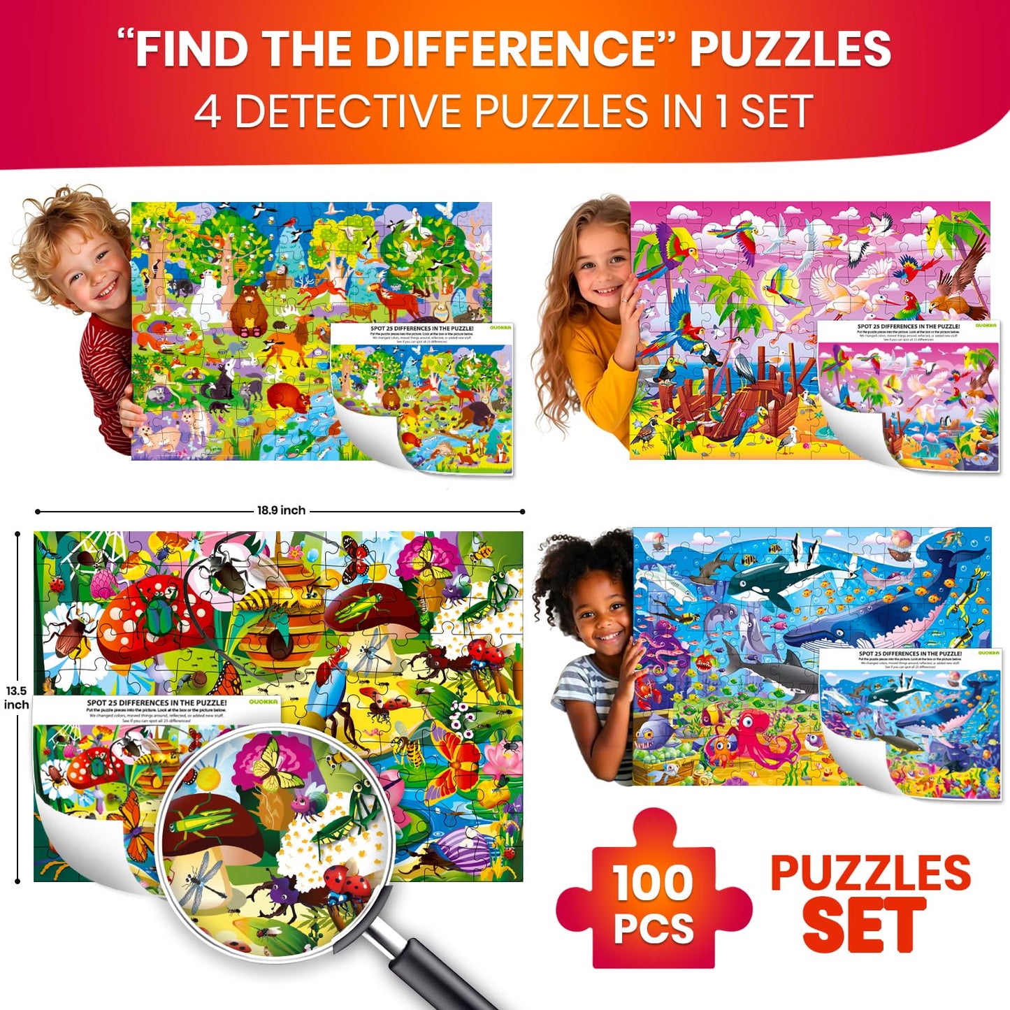 QUOKKA 100-Piece Puzzles for Kids – Ocean Forest Animals (4-Box Set)