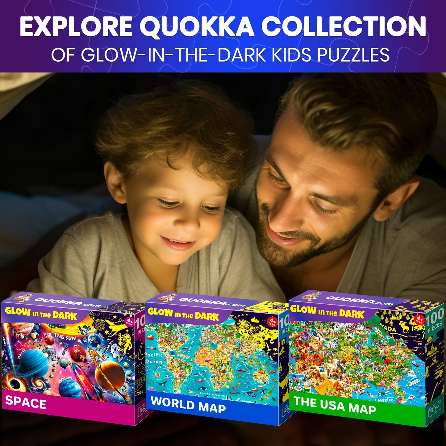 QUOKKA 100 Puzzles for Kids 4-6 & 5-8: Glow-in-the-Dark USA Map, World Map & Solar System Floor Puzzles
