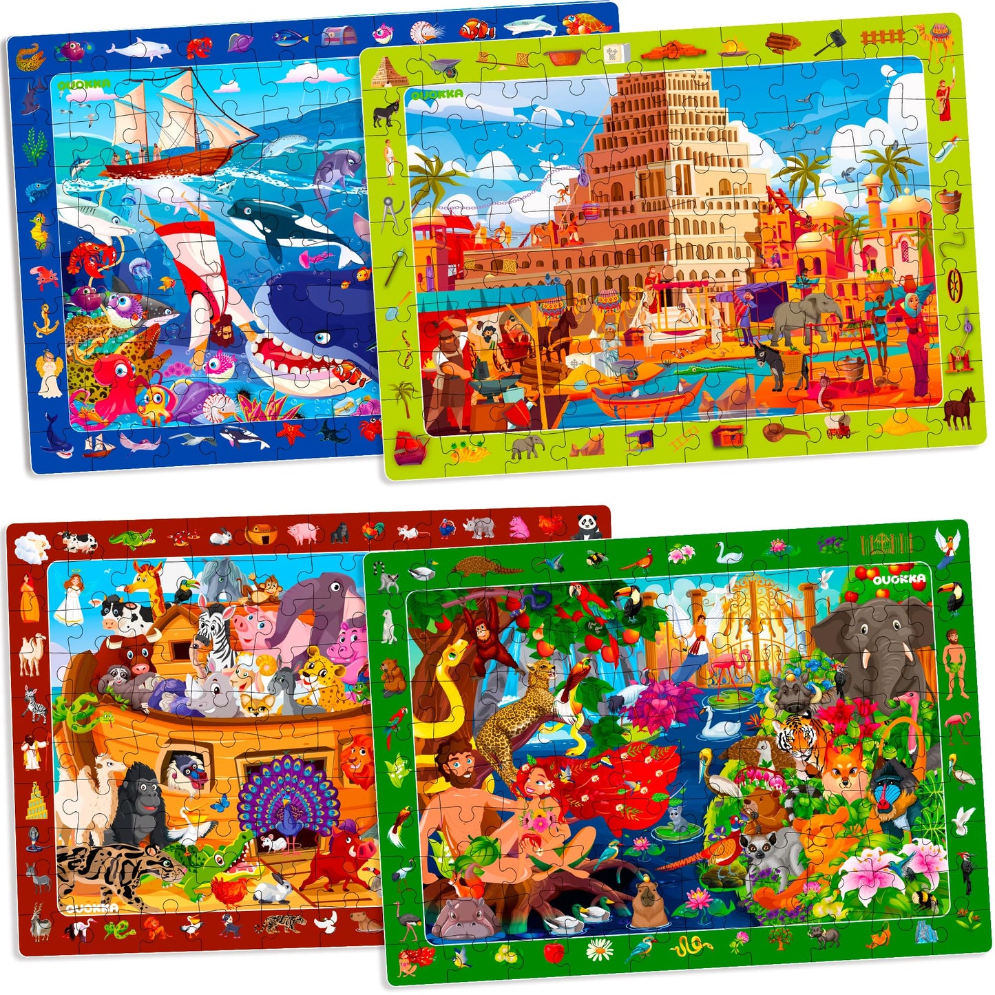 QUOKKA 60-Piece Bible Jigsaw Puzzles for Kids – Set of 4 (Ages 4-8) Tower of Babel, Noah’s Ark, Eden