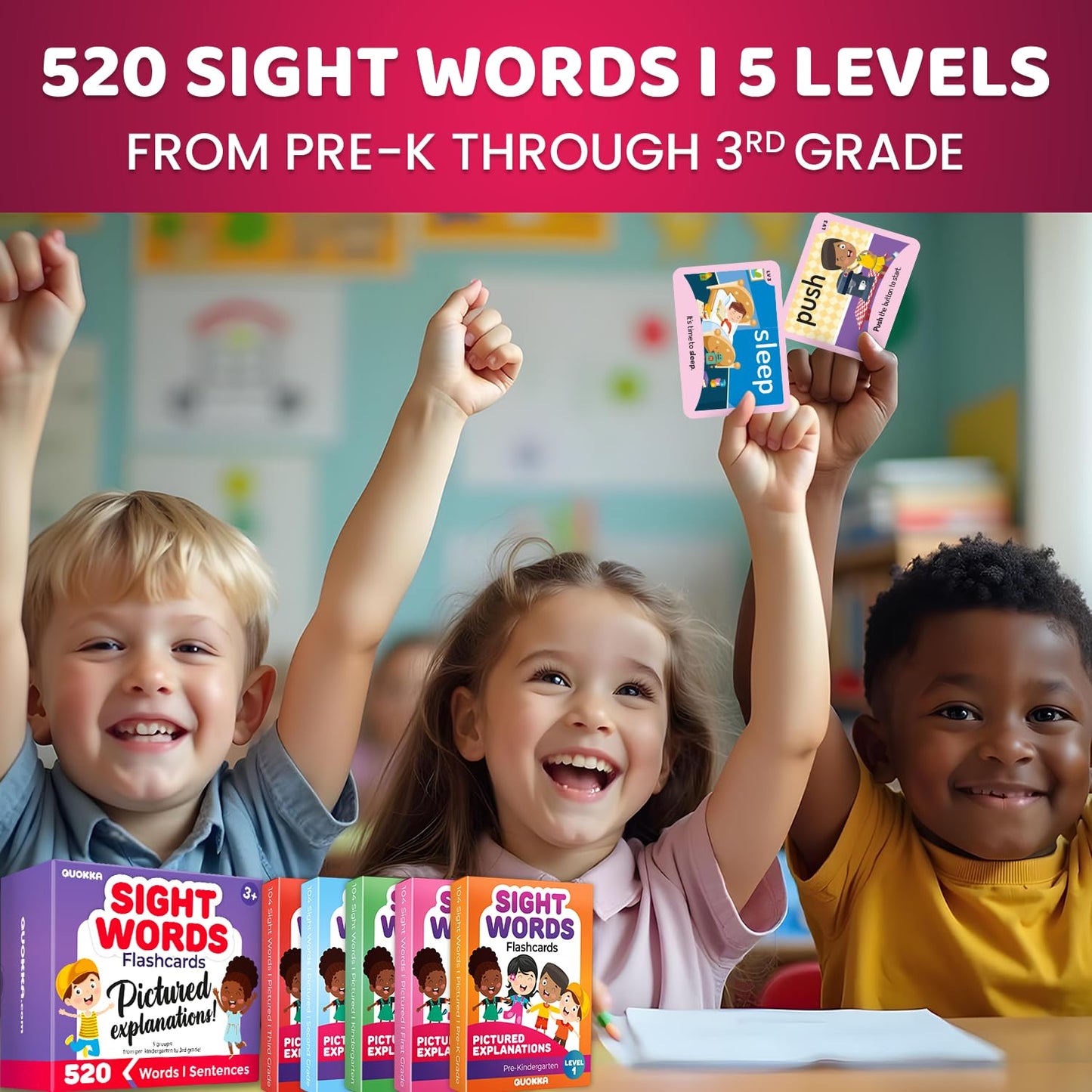 QUOKKA 520 Sight Words Flash Cards with Images & Sentences – Dolch & Fry Lists for Reading Fluency