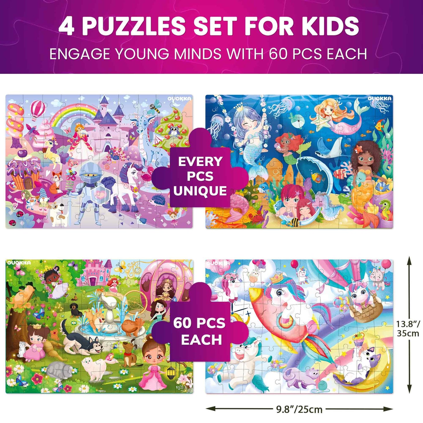 QUOKKA Puzzles for Kids 4-6 — 4x60-Piece Unicorn & Animal Jigsaw Puzzles
