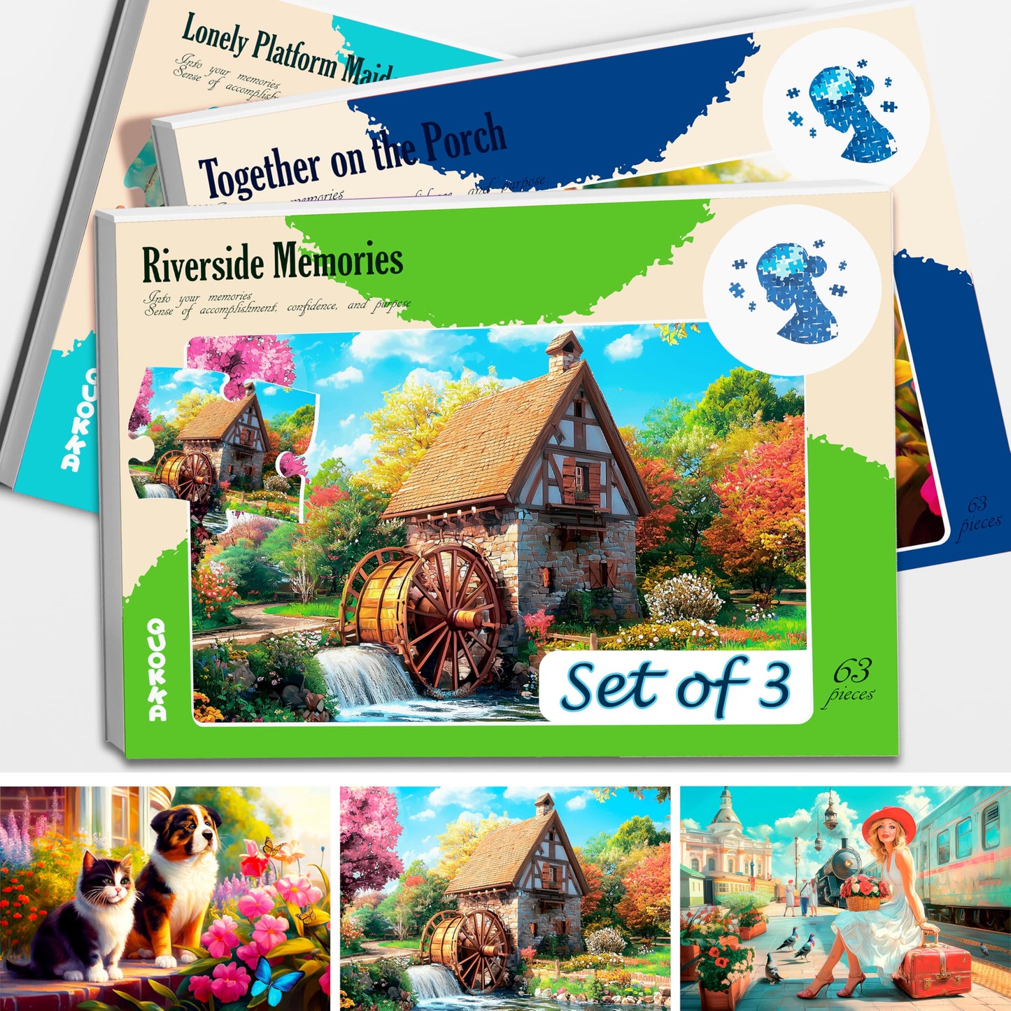 QUOKKA 3 Large-Piece Dementia Puzzles for Seniors – 100-Piece Jigsaws (Riverside, Platform, Animals)