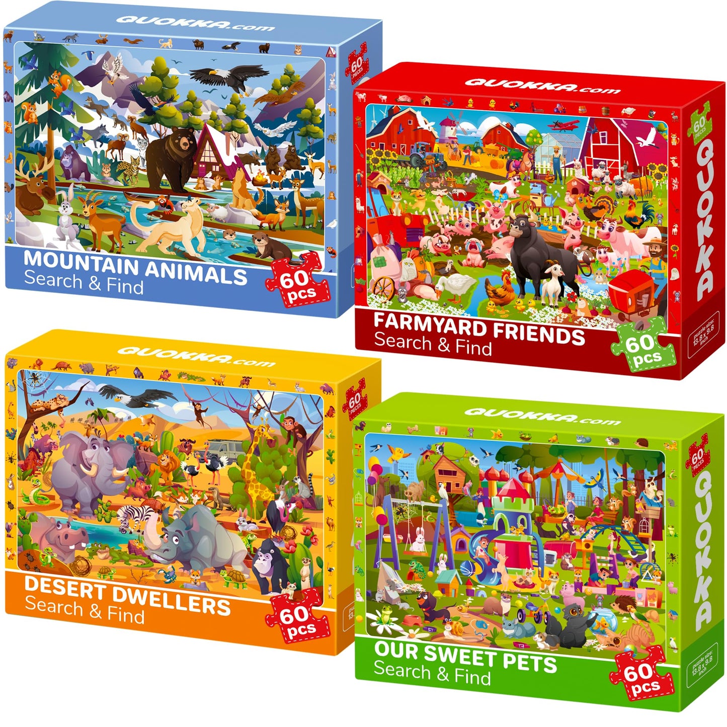 QUOKKA Puzzles for Kids 4-6 — 4-Pack 60-Piece Search & Find Animals Jigsaws | Eco-Friendly Learning Toys