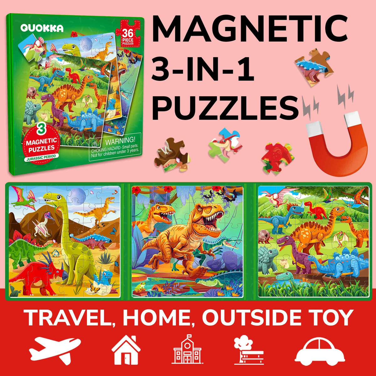 QUOKKA Travel Magnetic Puzzles for Toddlers – Dino Game with 30+ Magnets
